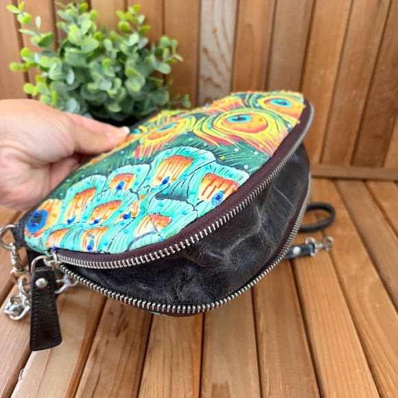 Sharif Peacock Feather Artsy Y2K Boho Crossbody w/Chain Shoulder Strap Statement - Picture 5 of 11